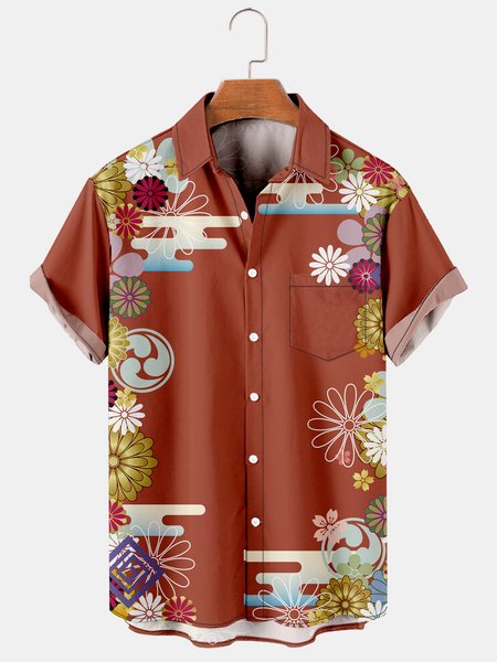 

Japanese Traditional Graphic Men's Casual Short Sleeve Chest Pocket Shirt, Red, Men's Floral shirt