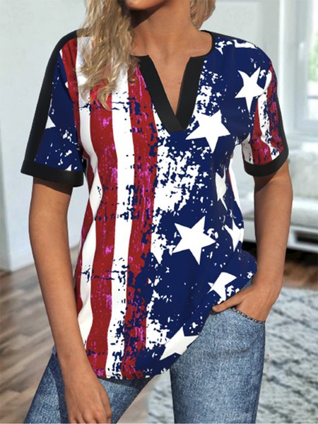 

Flag Short Sleeve Notched Plus Size Casual T-Shirt, Multicolor, T-Shirts