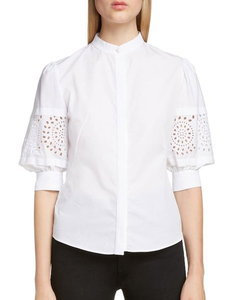 

Stand Collar Lace Short Sleeve Blouse, White, Blouses and Shirts