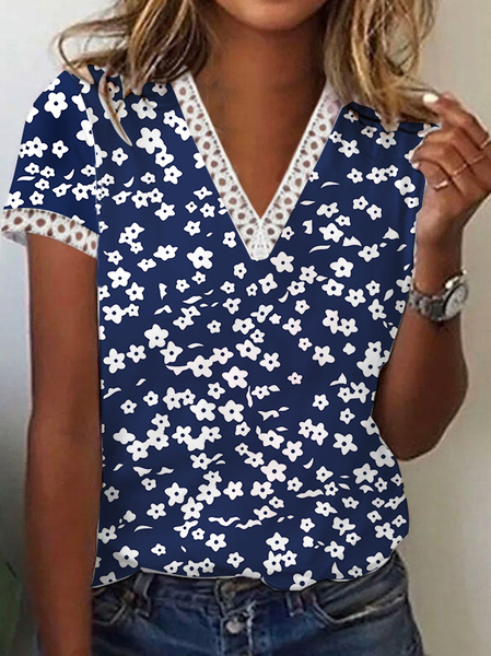 

Floral Casual Short Sleeve T-Shirt, Dark blue, T-Shirts