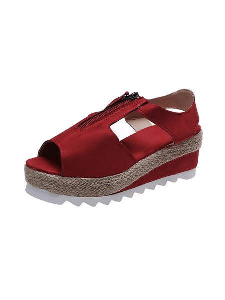 

Velvet Upper Zip Straw Wedge Sandals, Red, Sandals