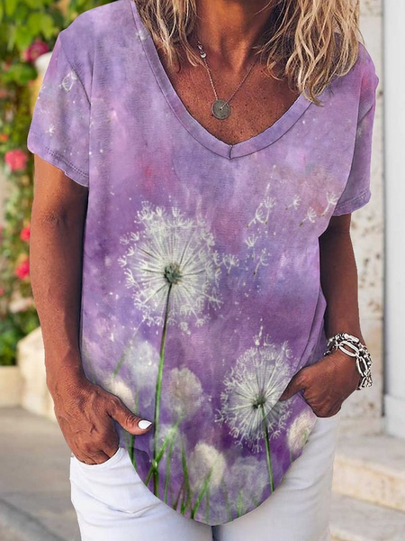 

Casual Simple Dandelion Print V-Neck T-Shirt, Purple, T-shirts