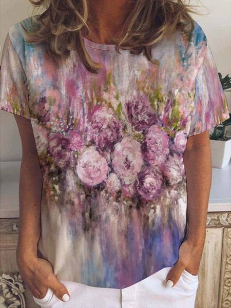 

Casual Simple Floral Print Crew Neck T-Shirt, As picture, T-shirts