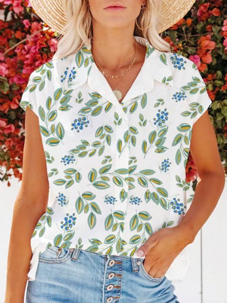 

Loosen Casual Shirt Collar Short Sleeve Blouse, Flower, Blouses & Shirts