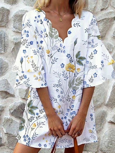 

Vacation Floral Printed Casual Loosen V Neck Plus Size Short Sleeve Woven Dress, White, Mini Dresses