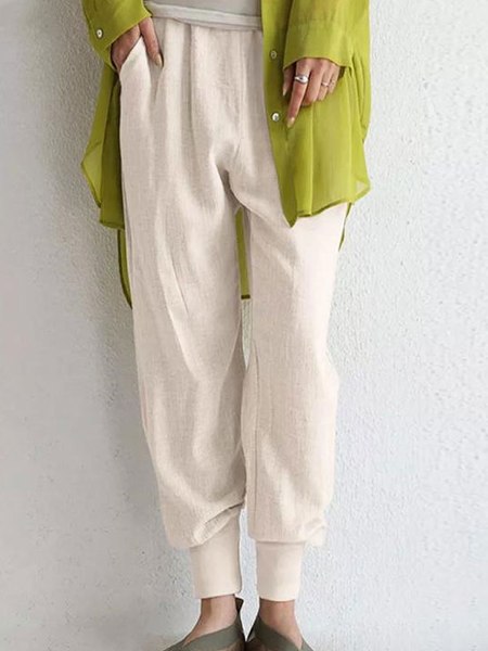 

Casual Loose Solid Color Elastic Waist Pants, Apricot, Pants