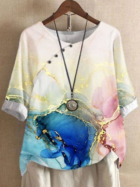 

Round Neck Buttoned Casual Long Sleeve Tops, White, Tops