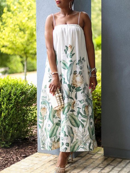 

Holiday Spaghetti Loosen Sleeveless Floral Dress, White, Maxi Dresses
