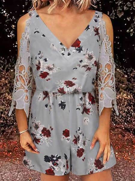 

Lace V Neck Vacation Floral Jumpsuit & Romper, Multicolor, Jumpsuits＆Rompers
