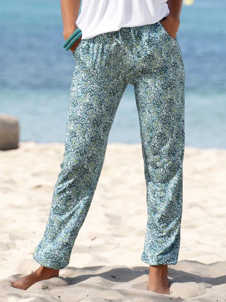 

Floral Pockets Plus Size Casual Pants, Cyan, Pants