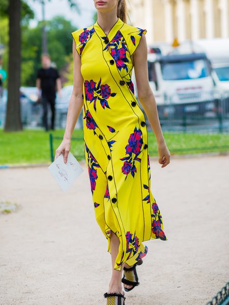 

Vacation V Neck Buttoned Floral Printed Cap Sleeve Dress, Yellow, Maxi Dresses