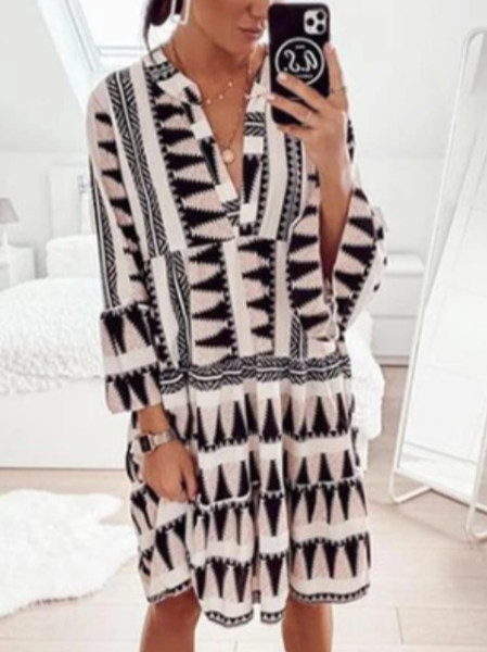 

V Neck Frill Sleeve Casual Loosen Long Sleeve Woven Dress, Black, Dresses