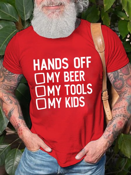 

Hands Off Dad My Beer Cotton Short Sleeve Crew Neck Short Sleeve T-Shirt, Red, T-shirts