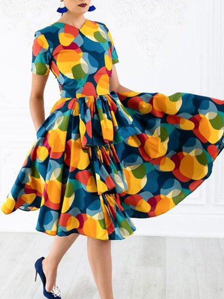 

Geometric Elegant V Neck Short Sleeve Woven Dress, Green, Midi Dresses