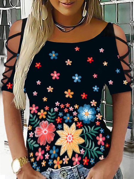 Casual Crew Neck Floral Short Sleeve T-Shirt, Black, T-Shirts