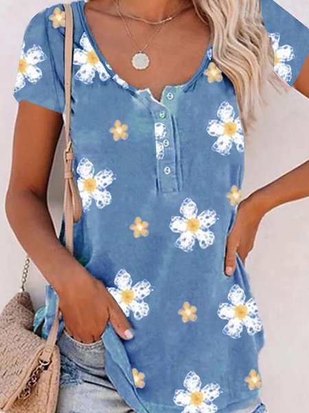 

Floral Crew Neck Buttoned Short Sleeve T-Shirt, Blue, T-Shirts