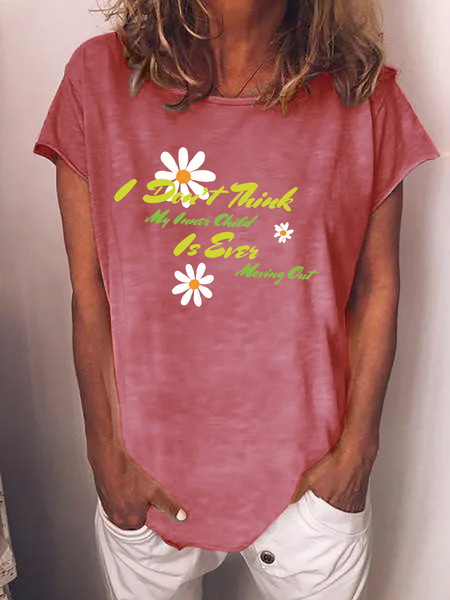 

Daisy Floral Polyester Cotton Casual Short Sleeve Tops, Pink, T-shirts