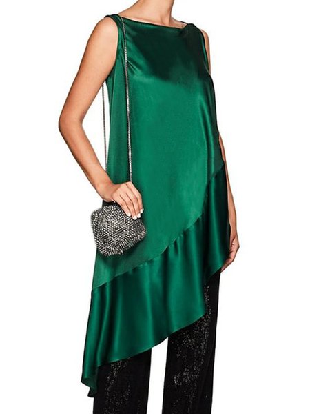 

Green Elegant Regular Fit Satin Woven Tank, Tunics