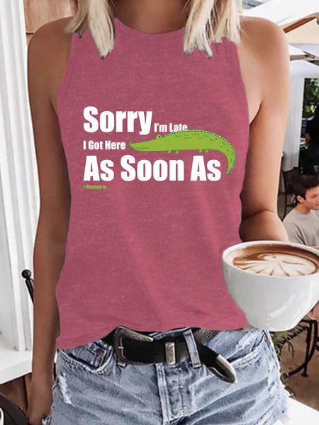 

Sorry I'm Late Crocodile Crew Neck Casual Cotton Blends Knit Tank, Pink, Tank Tops