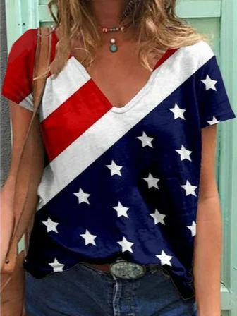 

Casual Star V Neck Short Sleeve T-Shirt, Multicolor, T-Shirts