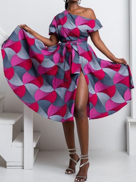 

Abstract One Shoulder Short Sleeve Woven Dress, Rose red, Midi Dresses