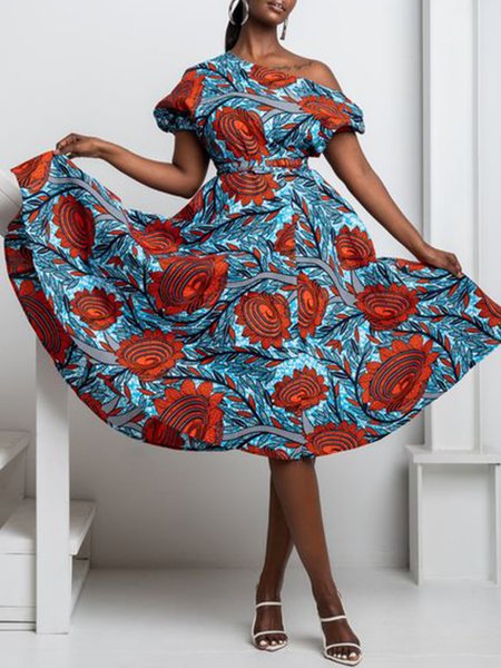 

Vacation Floral Regular Fit Short Sleeve Woven Dress, Blue, Midi Dresses