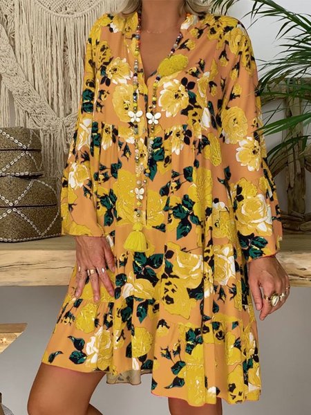 

Casual V Neck Long Sleeve Woven Dress, As picture, Mini Dresses