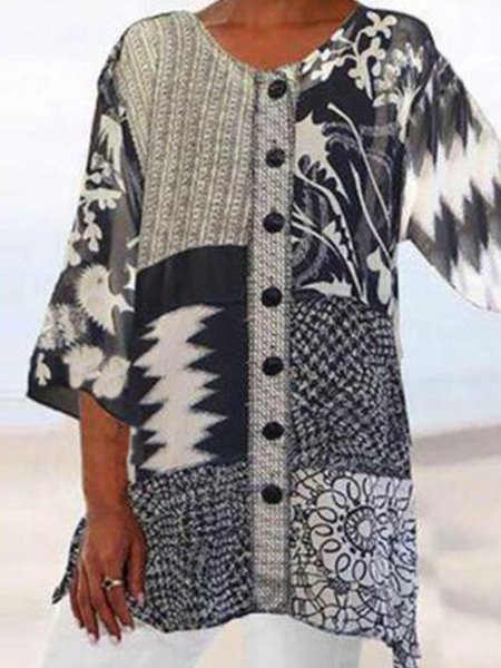 

Vintage Loosen Geometric 3/4 Sleeve Tops, Multicolor, Tops