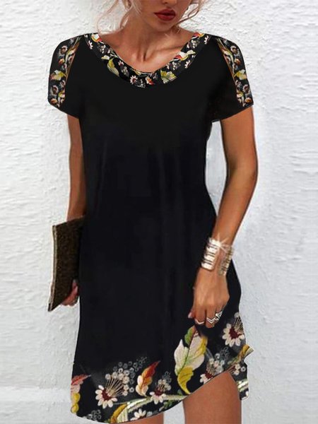 

Floral Casual Cotton Blends Short Sleeve Knit Dress, Black, Dresses