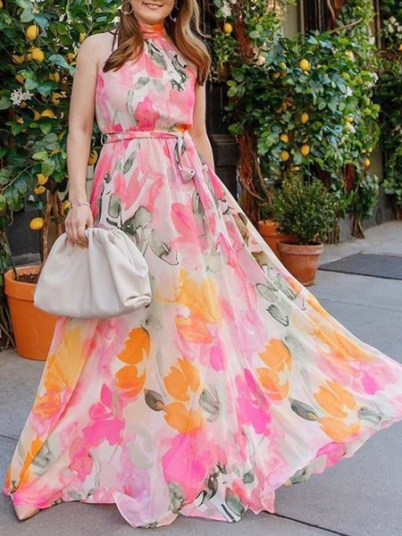 

Vacation Sleeveless Halter Floral Dress, Multicolor, Maxi Dresses