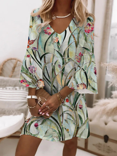 

Casual Floral Flare Sleeve Short Sleeve Woven Dress, Green, Dresses