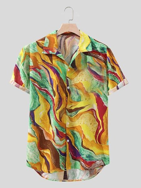 

Men's Cotton Linen Natural Geographic Print Short Sleeve Shirt, As picture, Shirts ＆ Blouse