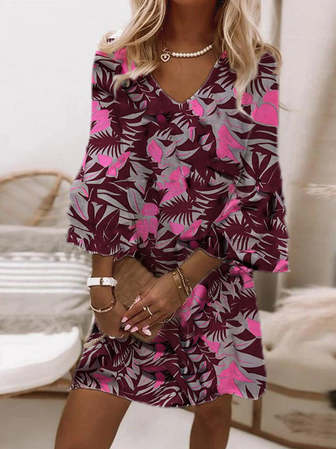 

V neck Vacation Leaves Three Quarter Woven Dress, Red, Dresses