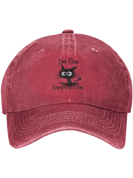 

I Am Fine Everything Is Fine Cat Printed Adjustable Baseball Cap, Red, Men's Hats