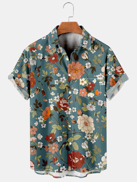 

Men's Cool Fabric Breathable Quick Dry Short Sleeve Hawaiian Shirt with Chest Pocket, Green, Men's Floral shirt