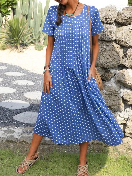 Short Sleeve Printed Casual Dresses, Blue, Dresses