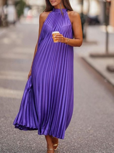 

Solid Pleated Vacation Sleeveless Dress, Purple, Maxi Dresses