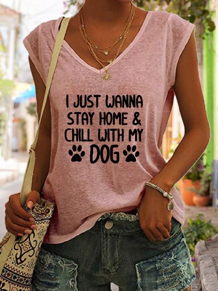 

I Just Wanna Stay Home & Chill With My Dog Tank Top, Pink, Tank Tops