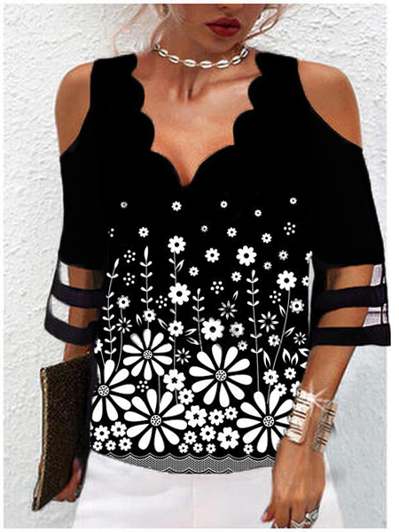 

Floral Vacation Regular Fit Short Sleeve Tops, Black, Shirts & Blouses
