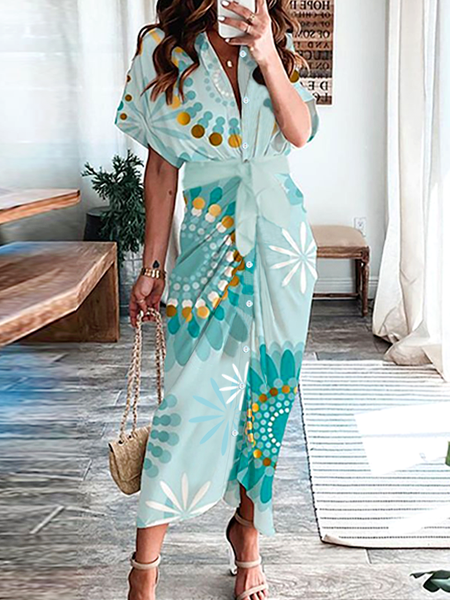 

Fresh Green Floral Print Strap Sexy Resort Beach Dress V Neck Ombre Short Sleeve Woven Dress, Floral Dresses