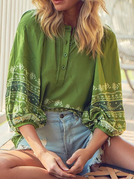 

Beach daily tribal feelings retro flower print nail boho button blouse Plus Size, Green, Shirts & Blouses