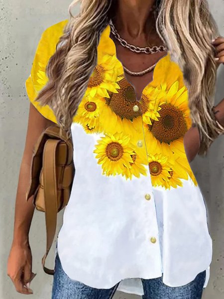 

Casual V Neck Sunflower Short Sleeve Blouse, Yellow, Blouses & Shirts