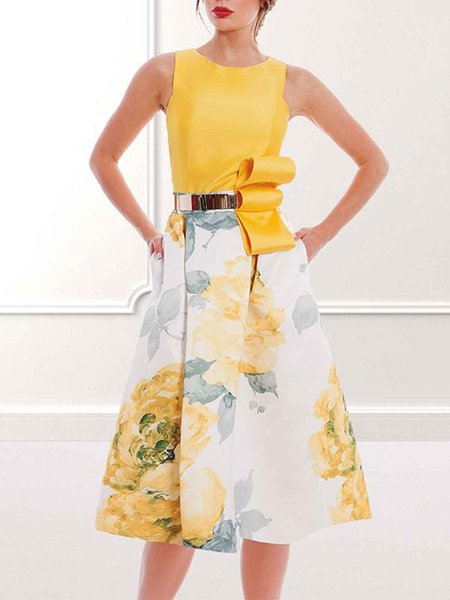 

Elegant Crew Neck Sleeveless Woven Midi Dress, Yellow, Midi Dresses
