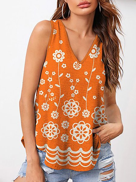 Orange Floral Sleeveless Curved-Hem V-Neck, Tanks & Camis