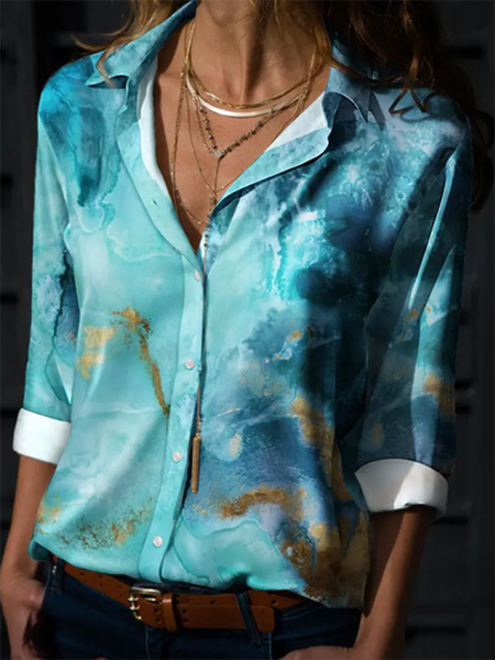 

Printed Shirt Collar Long Sleeve Casual Blouse, As picture, Blouses & Shirts