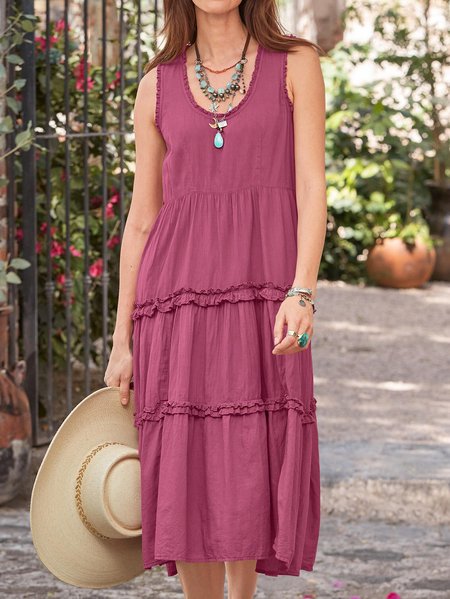 

Falbala Crew Neck Casual Sleeveless Woven Dresses, Fuchsia, Dresses