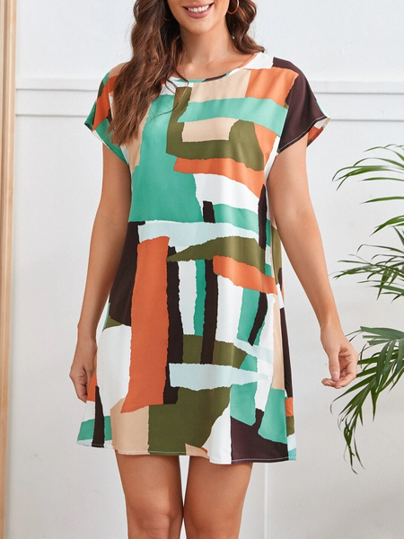 

Geometric Short Sleeve Woven Dress, Multicolor, Dresses