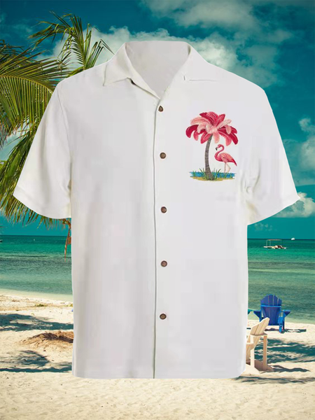 

Cotton Style Plants Flower Flamingos Printing lapel Comfortable linen Shirt, As picture, Shirts ＆ Blouse