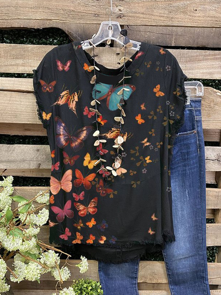 

Casual Butterfly Loosen Short Sleeve Tops, Black, Tops