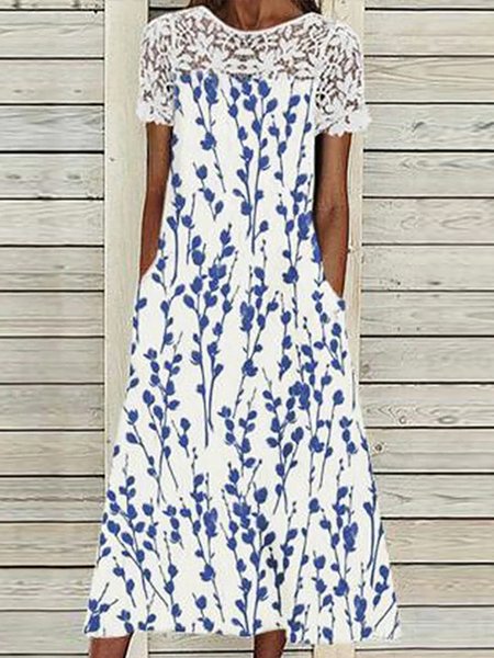 

Loosen Crew Neck Vacation Short Sleeve Woven Dress, Blue, Midi Dresses